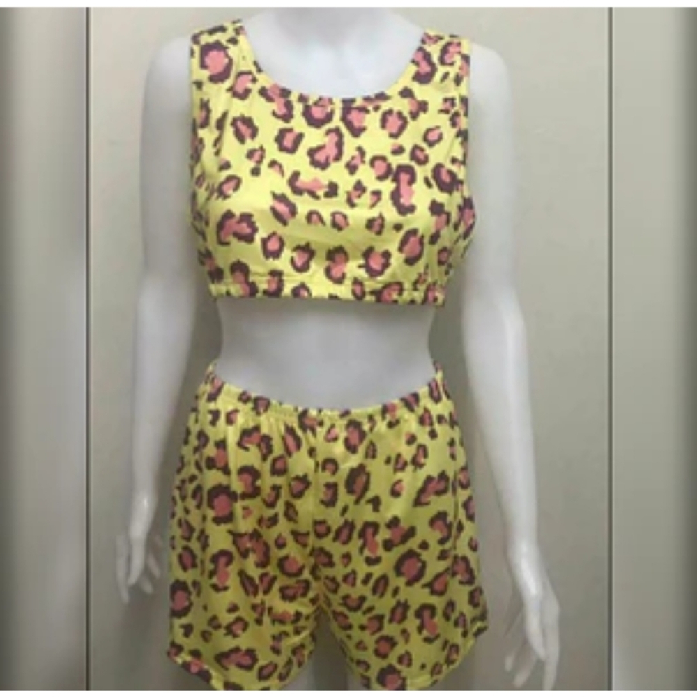 Yellow with Pink Leopard Spots 2 piece pj lounge wear